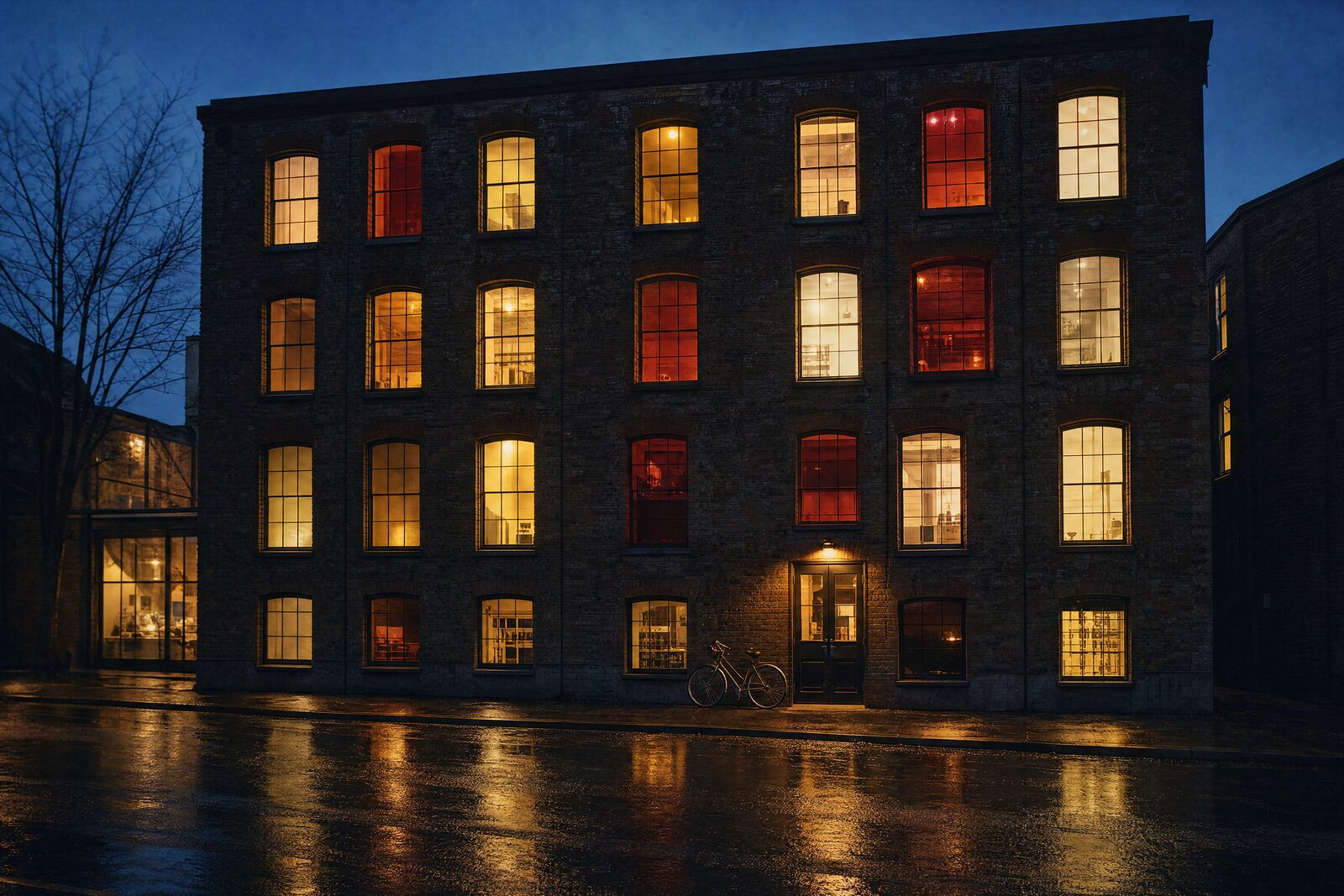 A brick studio building at dusk, every window lit a different warm colour, a bicycle leaning by the door