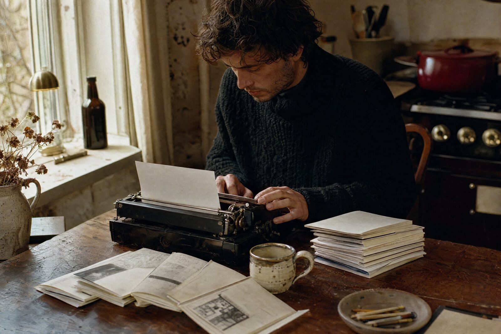 A writer at a kitchen table with a typewriter and a stack of stapled zines, a mug, morning light
