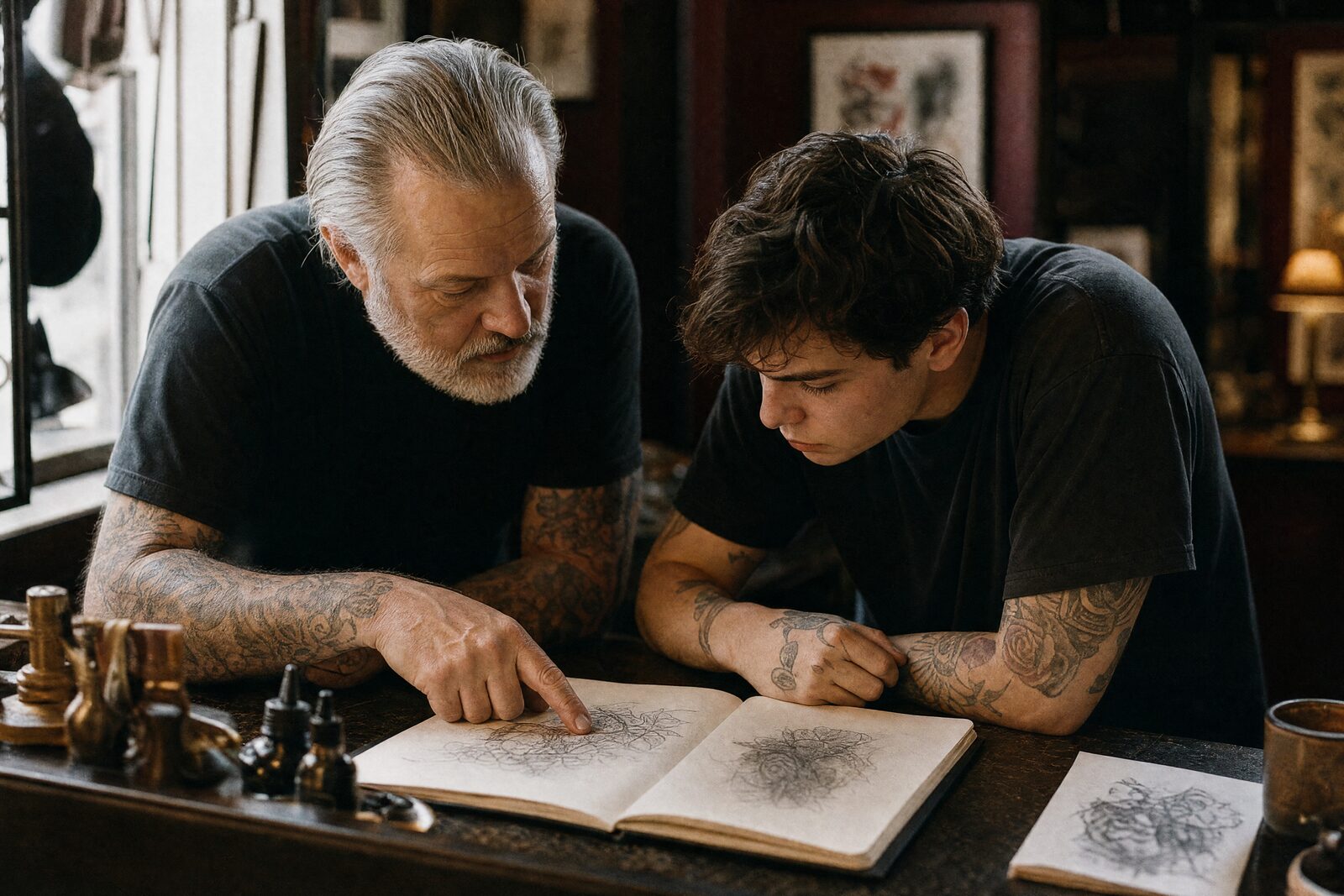 An older tattoo artist and a young apprentice bent over a sketchbook together, the elder pointing at a line