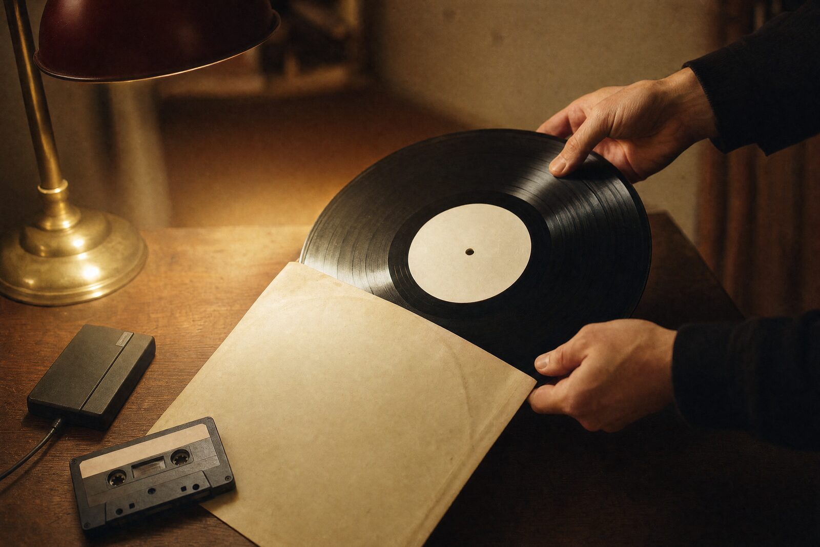 A vinyl test pressing lifted from a sleeve under a lamp
