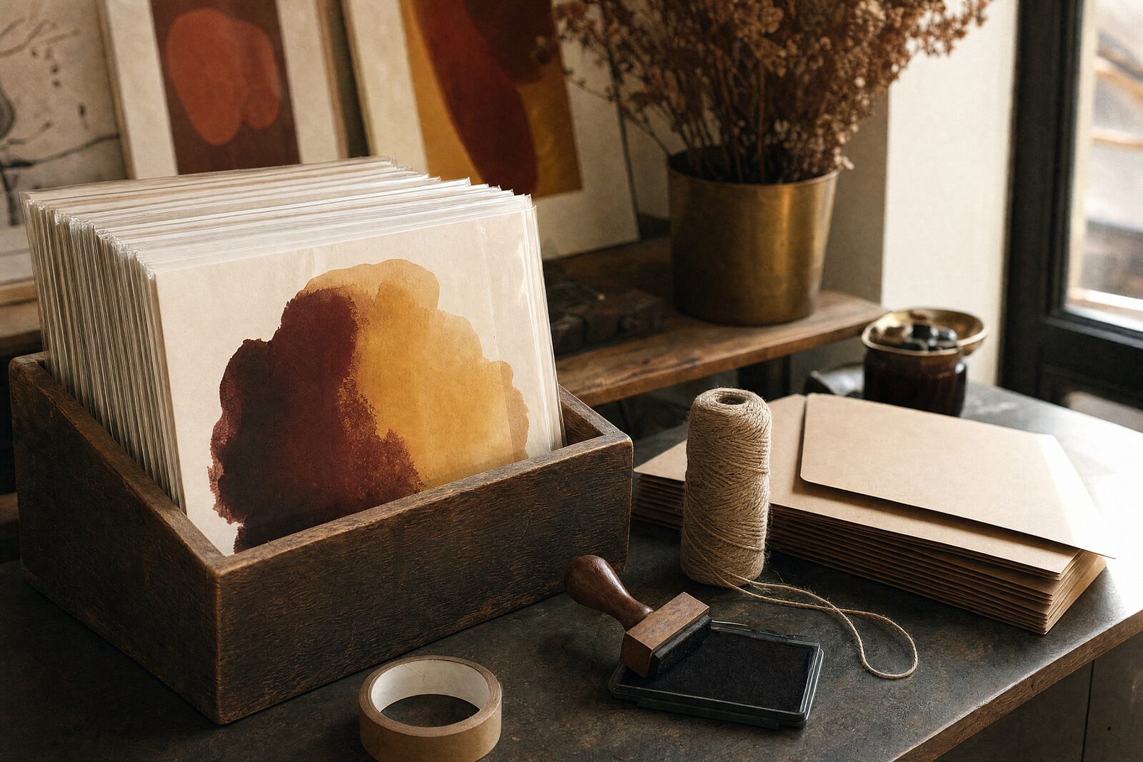 A shop corner with numbered prints, a stamp and flat mailers