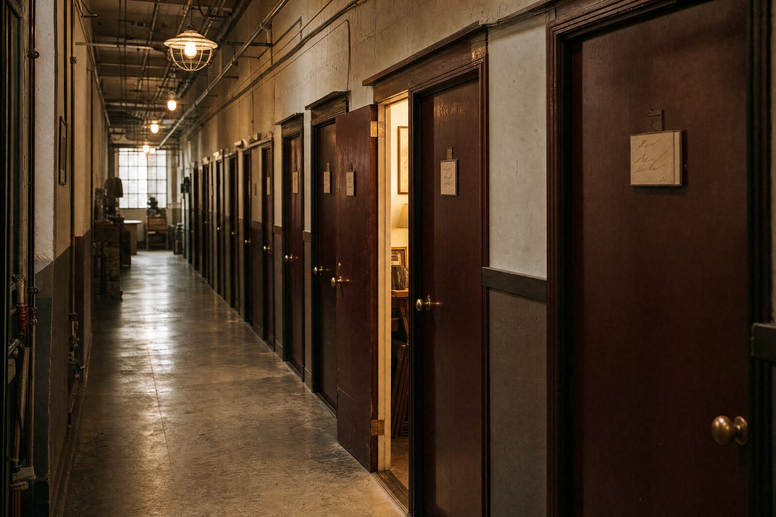 A long corridor of studio doors with handwritten nameplates, one open and lit