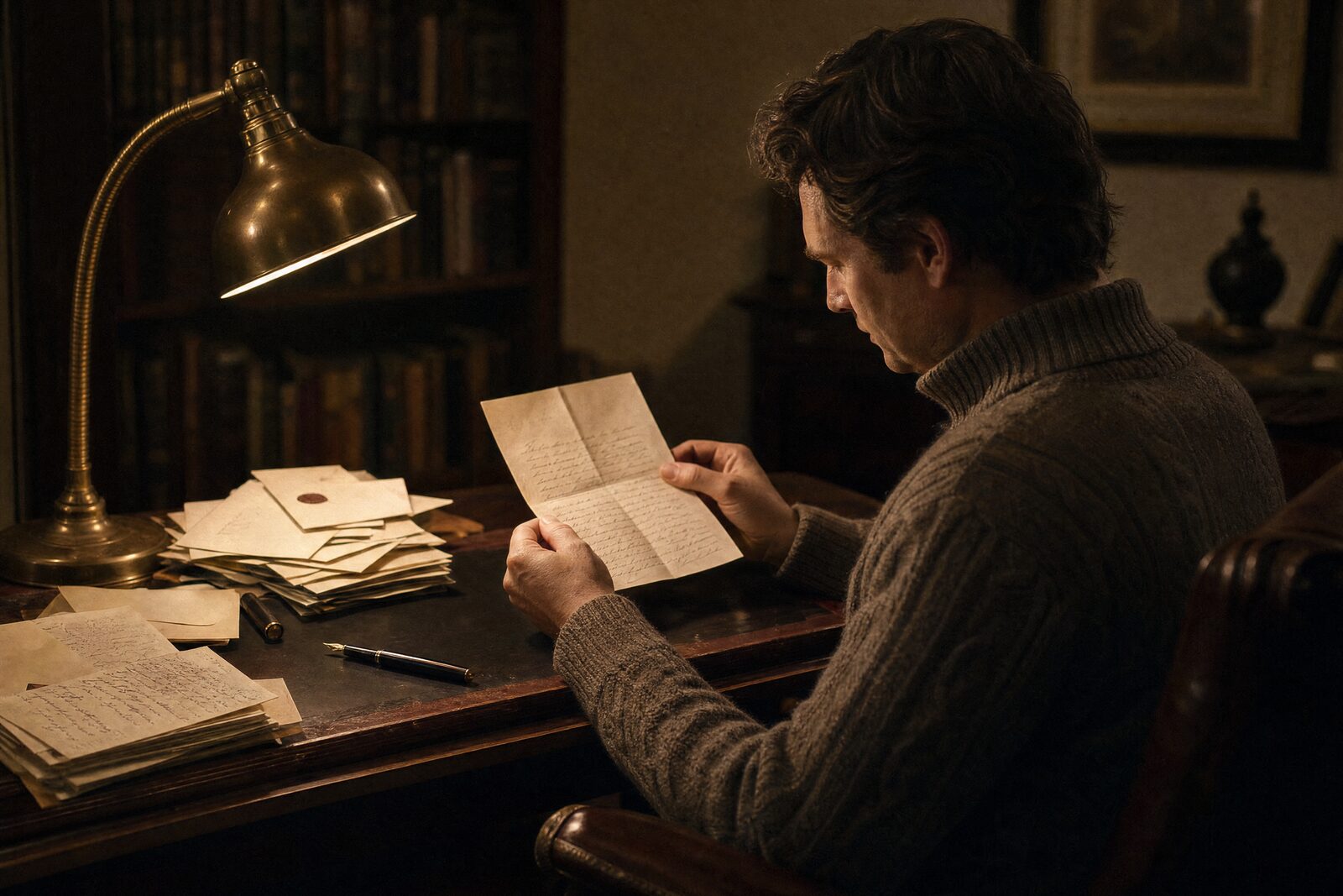 A person at a desk under a brass lamp reading a handwritten letter, a stack of others beside them and a fountain pen