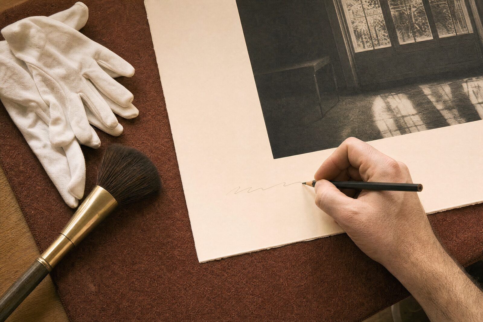 An artist's hand signing the back of a print with an edition number in pencil, white gloves nearby